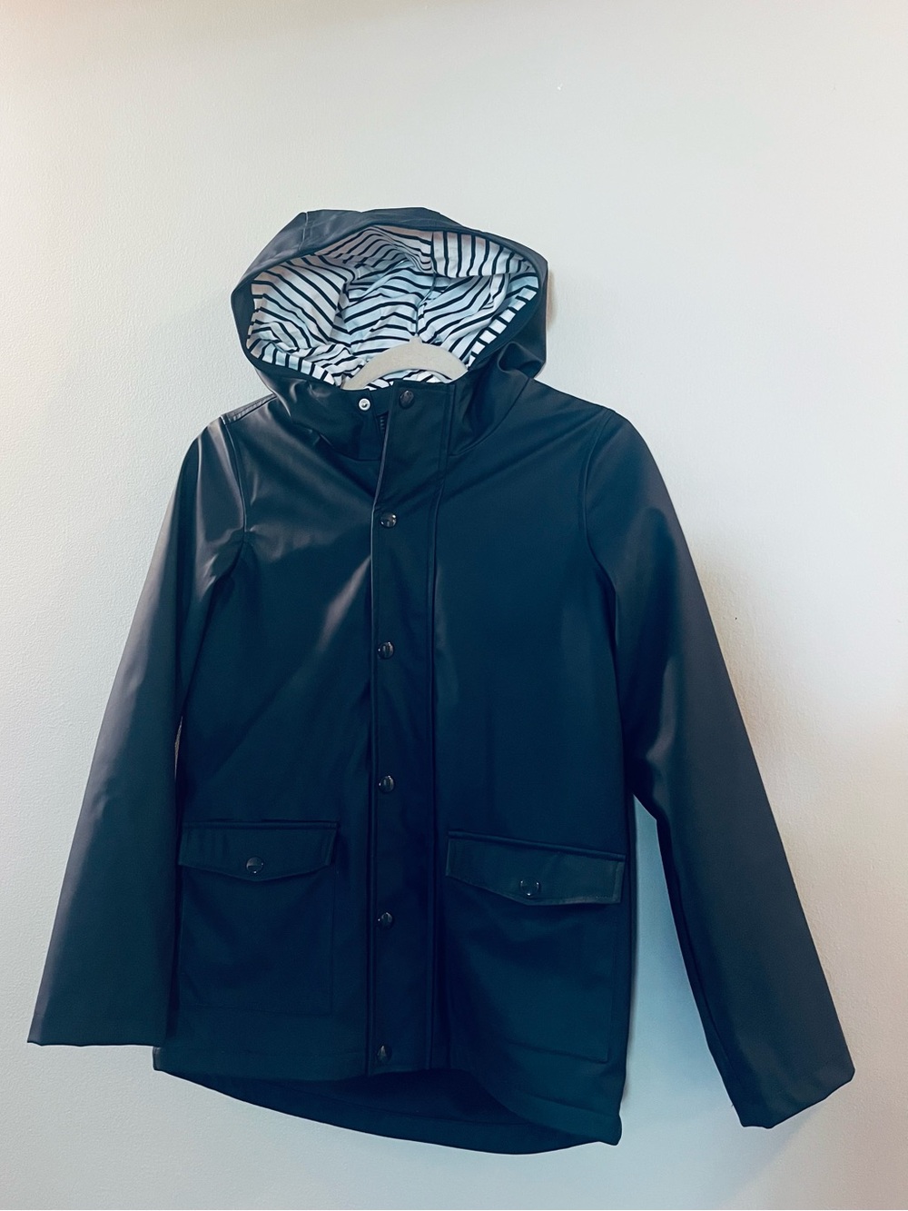 Navy raincoat | Striped hood | Kids size 14 | Joe Fresh
